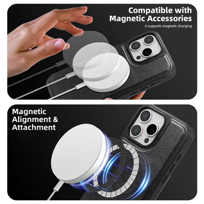 Strong Magnetic Leather Phone Case OEM / ODM Magsafe Card Holder Case For IPhone 16 15 Pro Max