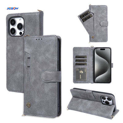 Removable Strap Leather Phone Cover Embossed Logo Flip Cell Phone Cases Gray For iPhone