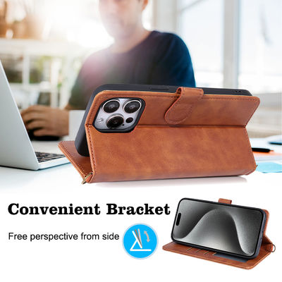 OEM / ODM Cell Phone Wallet Stand Brown Flip Cell Phone Covers With Strap