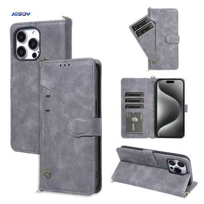 buon prezzo Strappo rimovibile Copertina per telefono in pelle Logo in rilievo Flip Case per cellulari Grigio per iPhone in linea